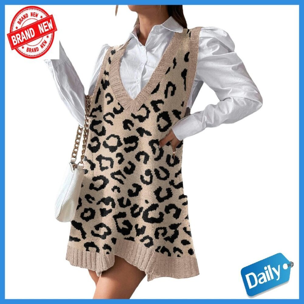 Soft Acrylic V-Neck Sweater Vest Dress with Pockets, Oversized Fit